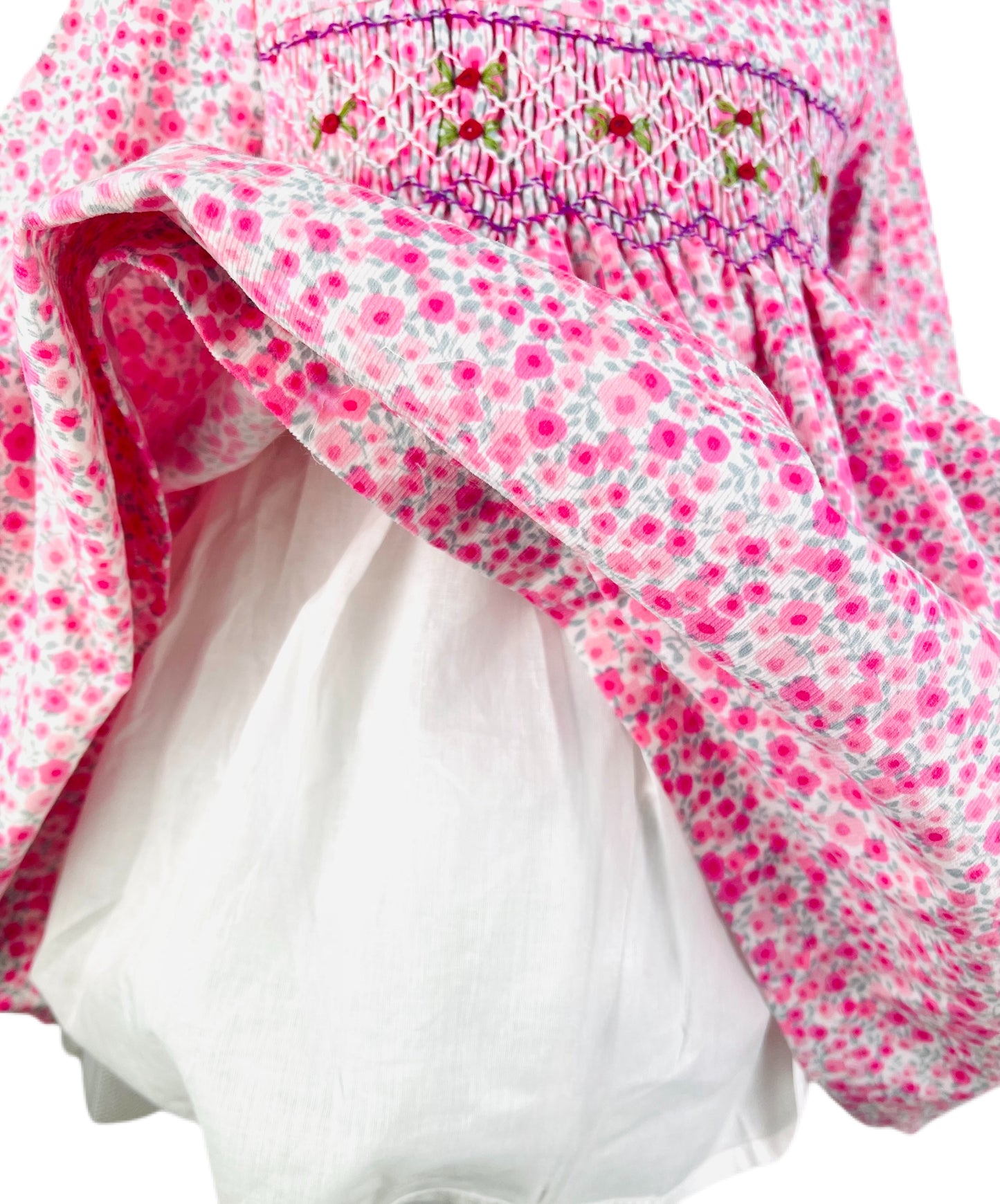 Anna hand smocked pink floral long sleeve winter dress