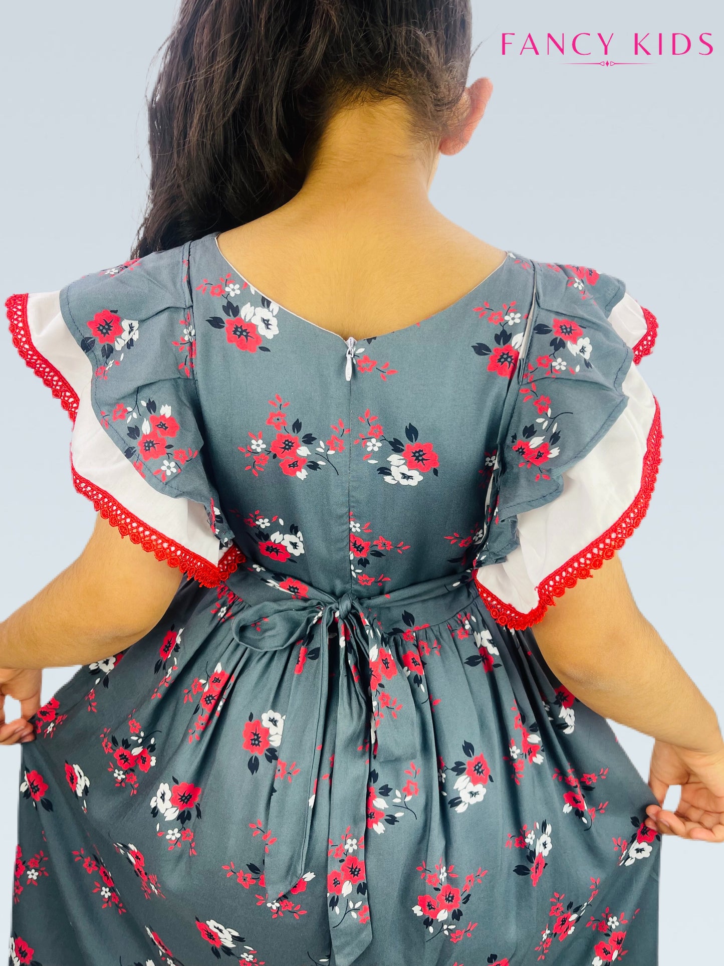 Cotton summer dresses- Grey colour floral-ruffle sleeves