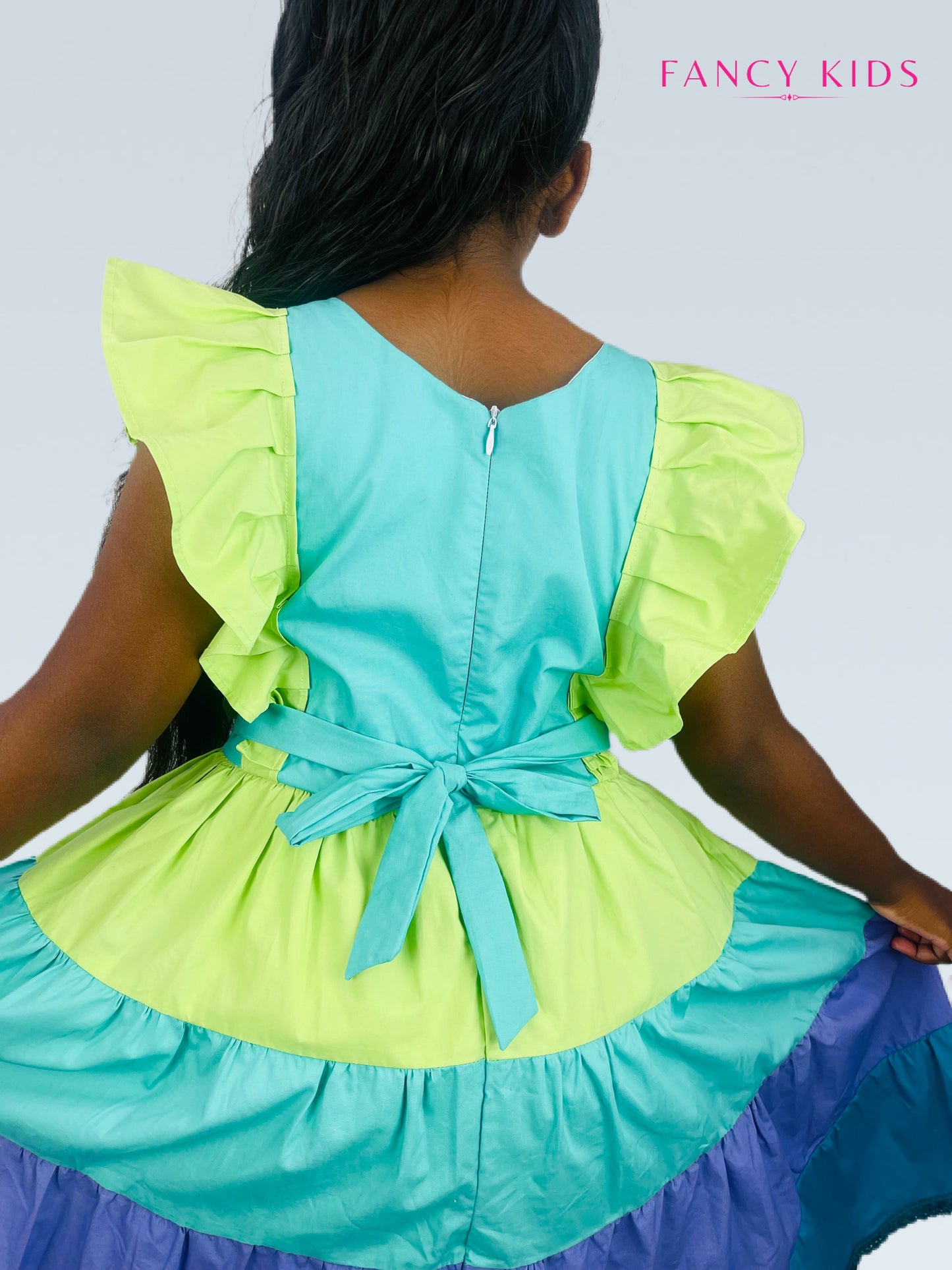 Cotton summer dress-green and purple-layered