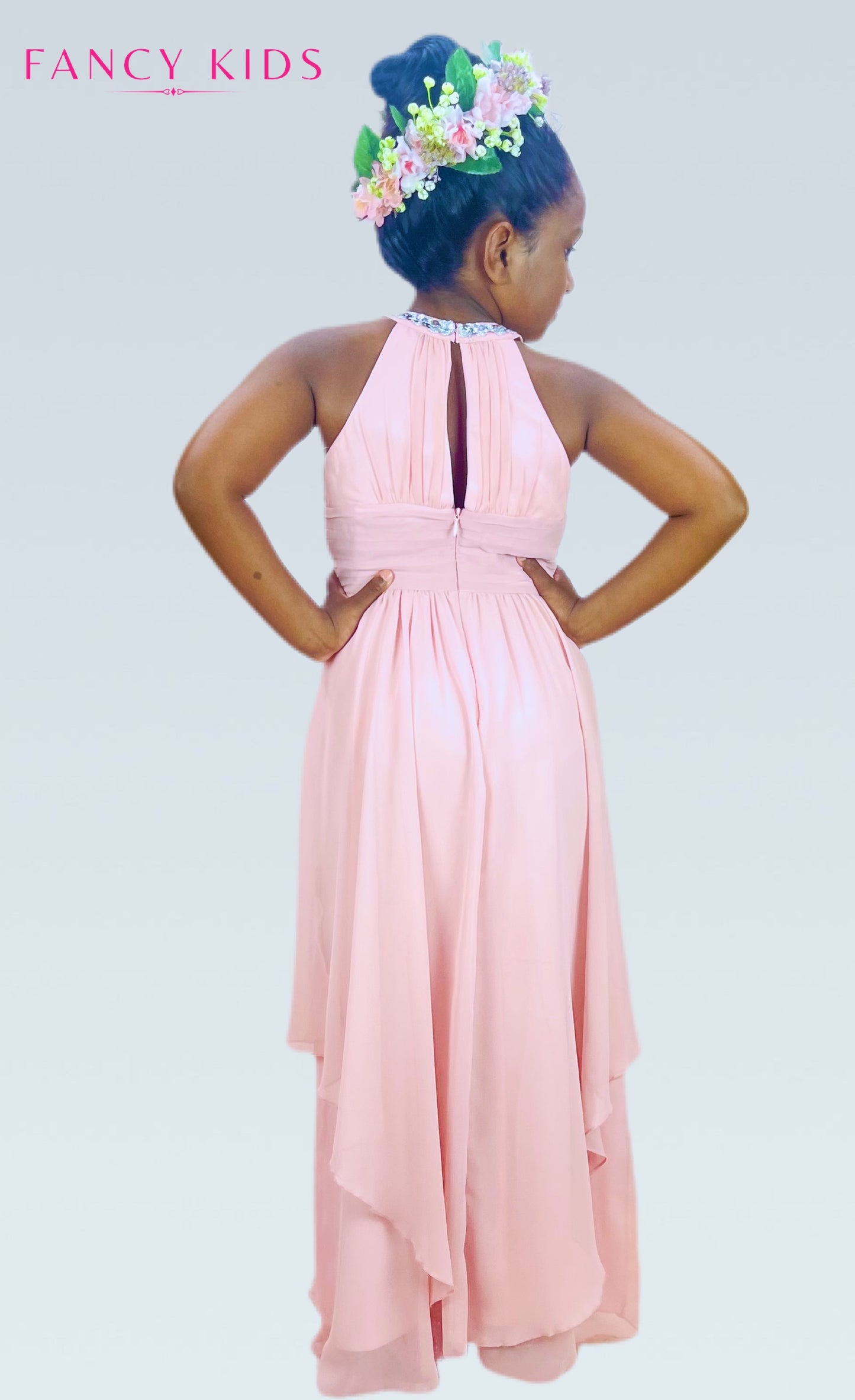 Pink Flower girl dress-high neck- chiffon