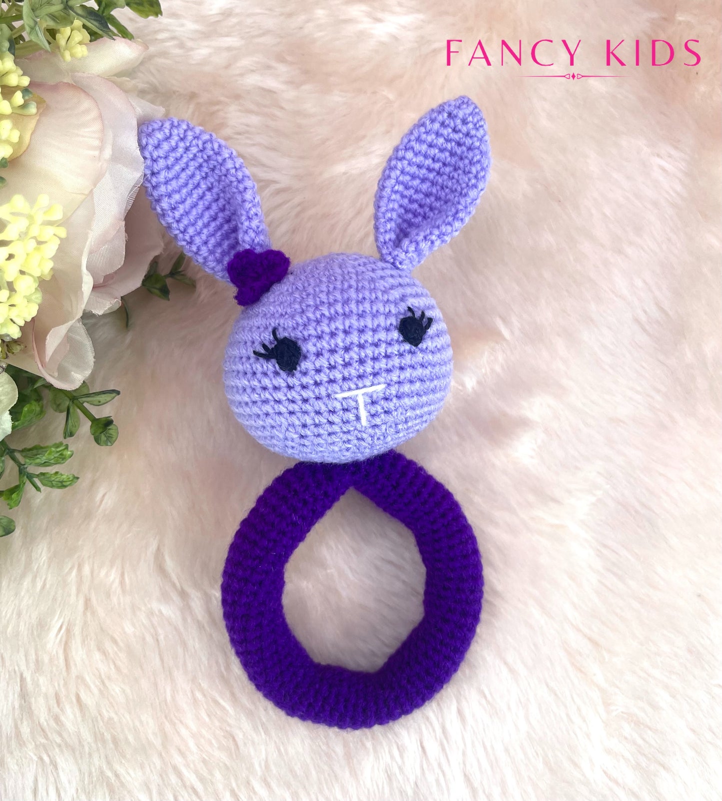 Rattle bunny-purple- Hand knitted stuffed toy