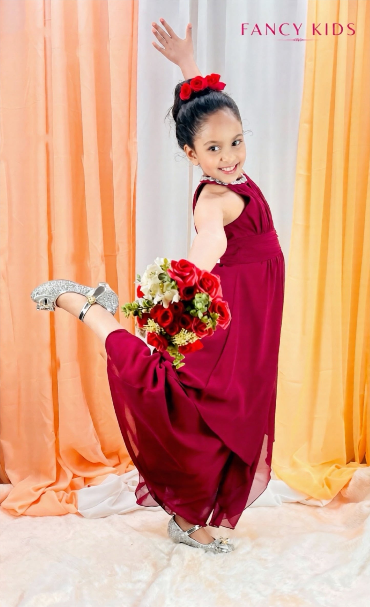 Flower girl dress- burgundy-high neck-chiffon