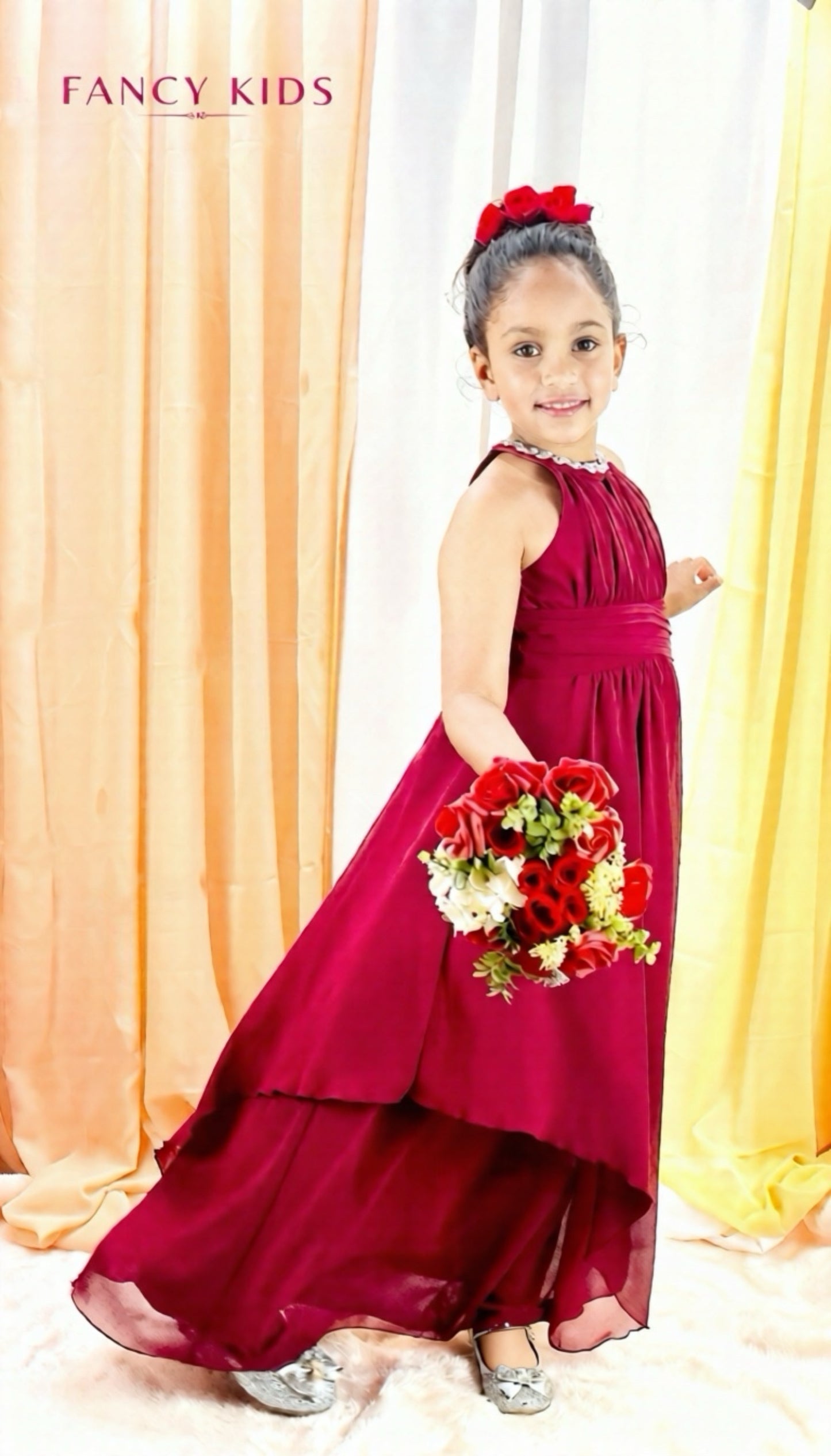 Flower girl dress- burgundy-high neck-chiffon