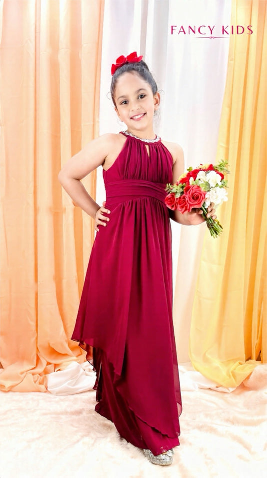 Flower girl dress- burgundy-high neck-chiffon