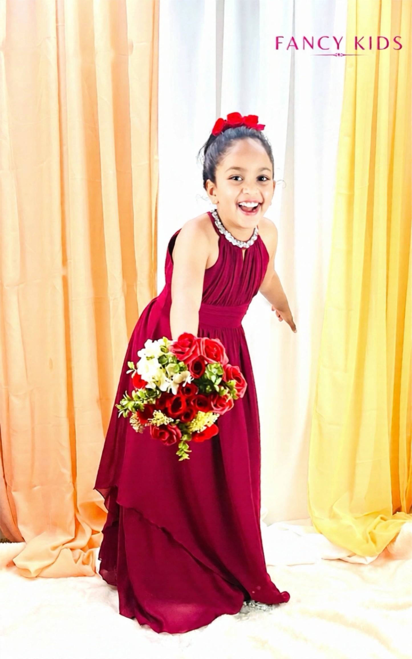 Flower girl dress- burgundy-high neck-chiffon