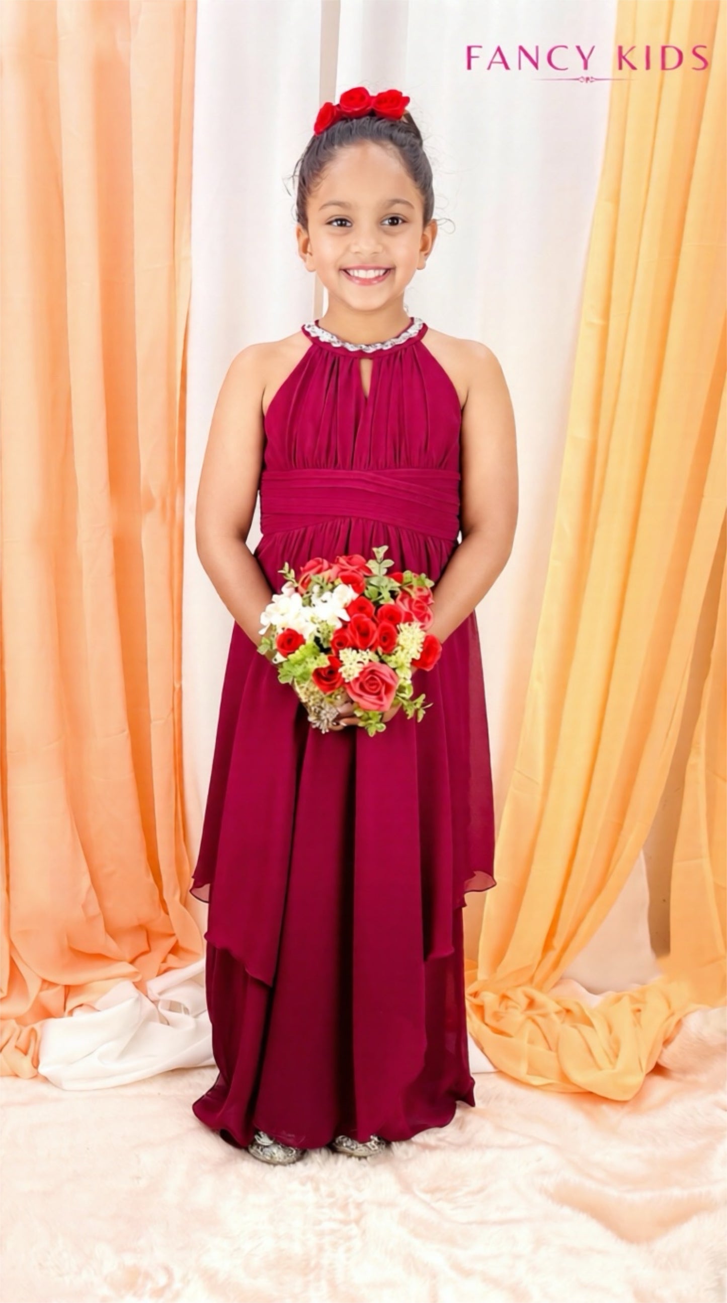 Flower girl dress- burgundy-high neck-chiffon