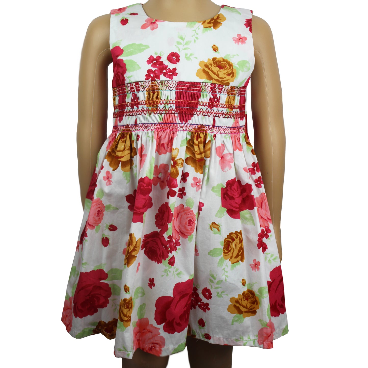 Red and white cotton floral smocked summer dress - V&US