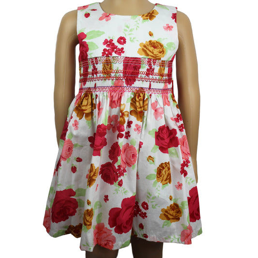 Red and white cotton floral smocked summer dress - V&US