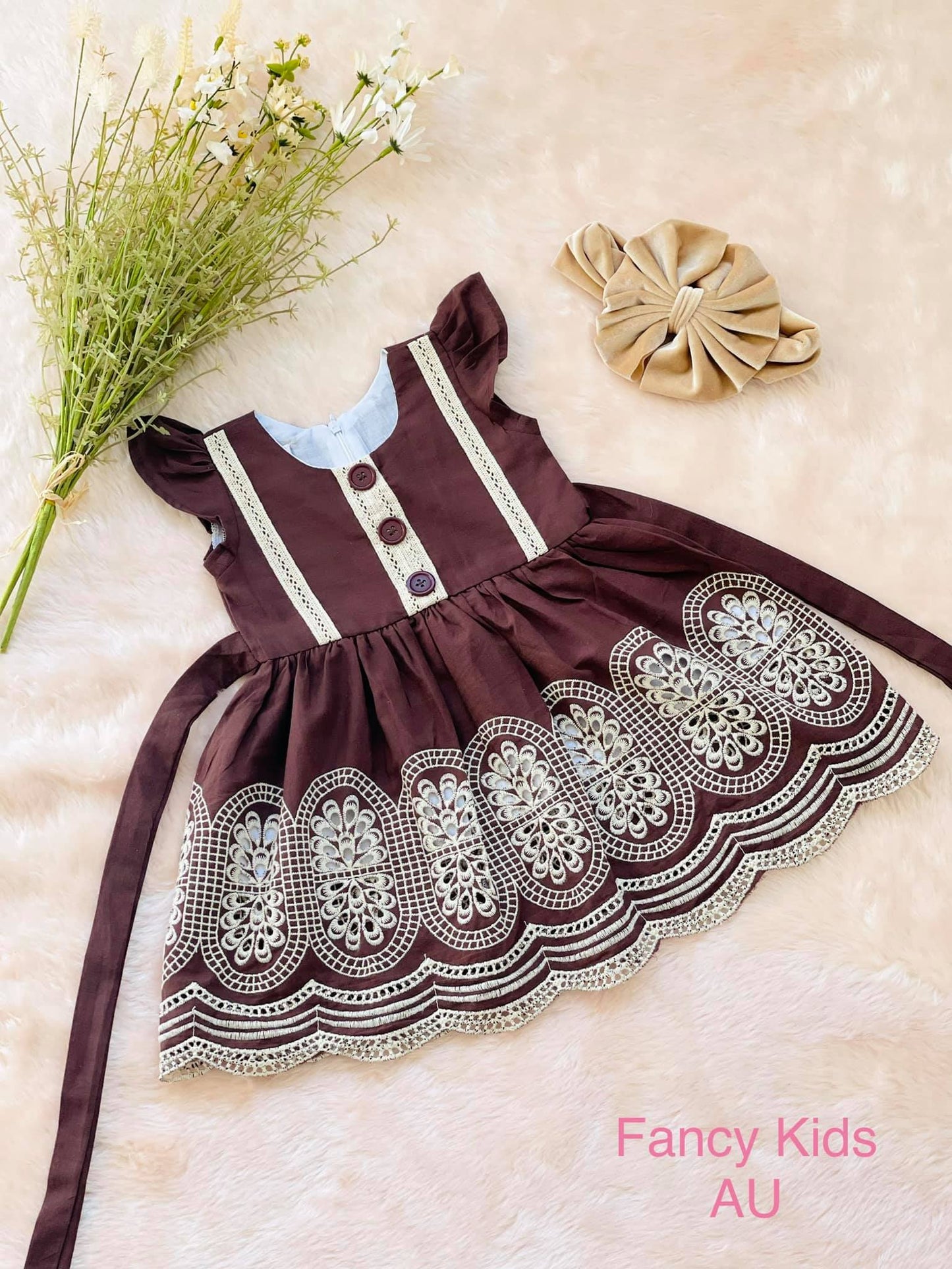 Brown colour embroidered cotton dress