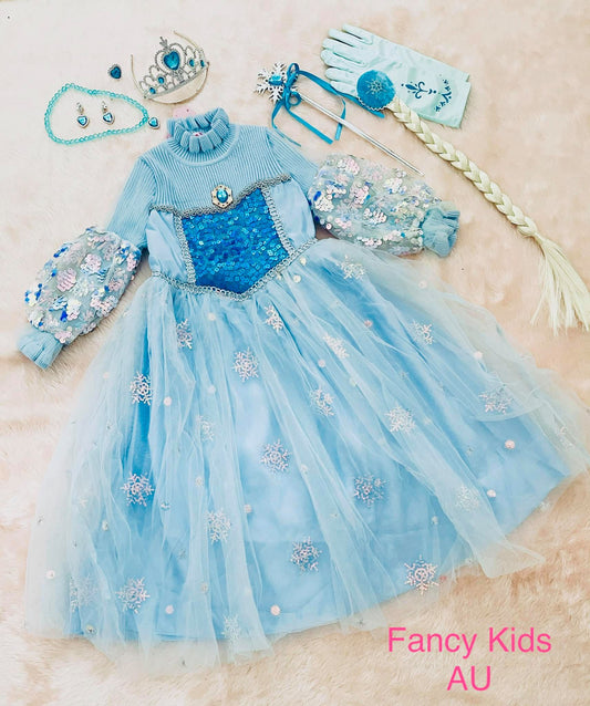 Princes dress with long sleeve sequin design-light blue