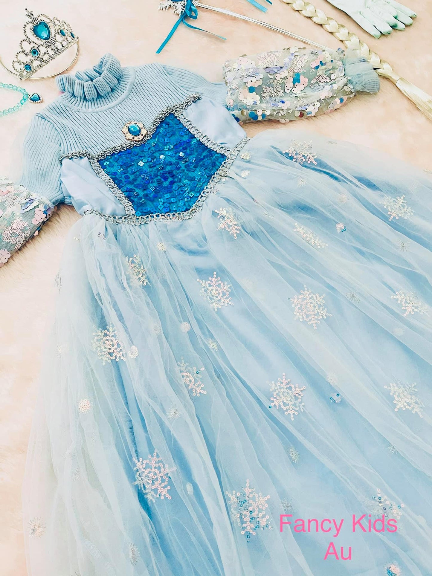 Princes dress with long sleeve sequin design-light blue