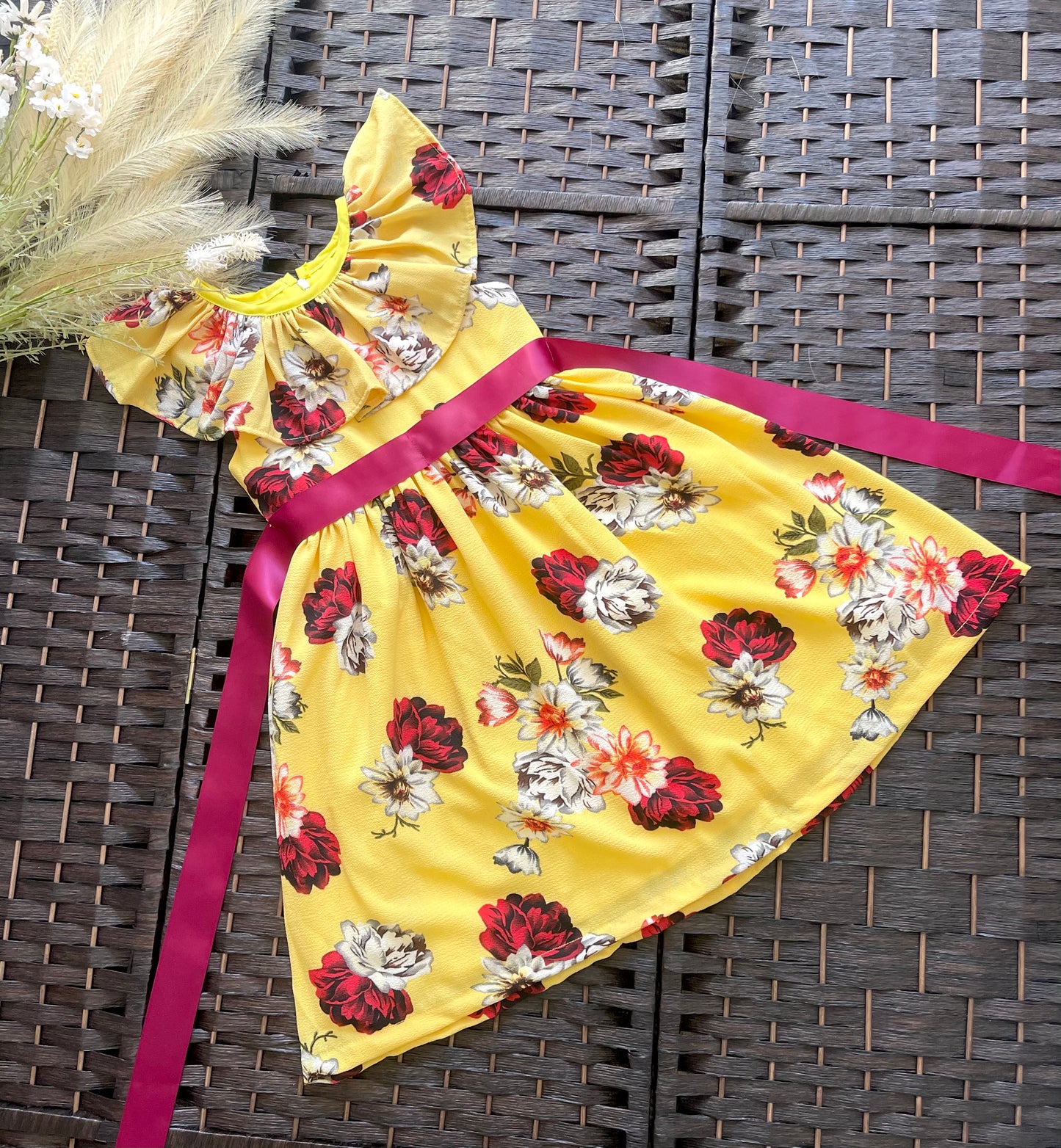 Silk crepe Summer floral dress with frill collar