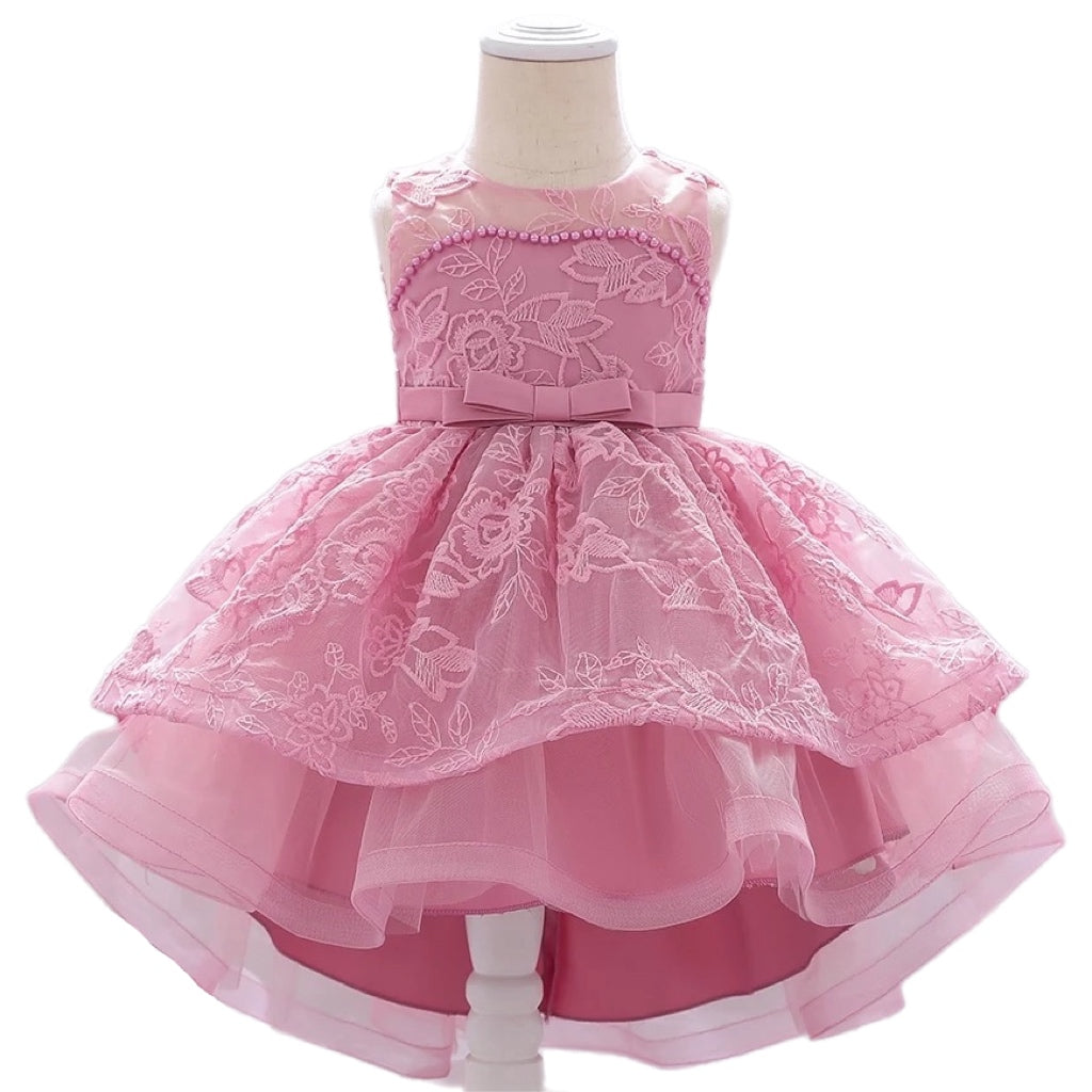 Dust pink long tail embroidered party dress