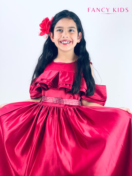 Burgundy colour off shoulder long dress