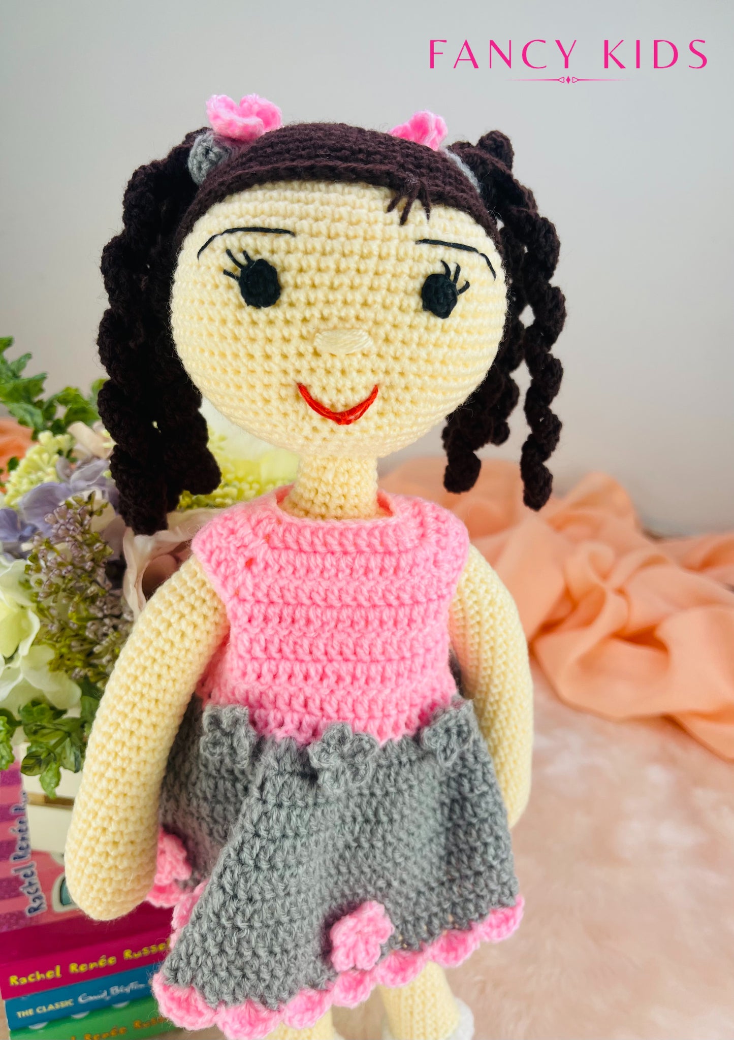 Fancy girl Olivia- Hand knitted stuffed doll