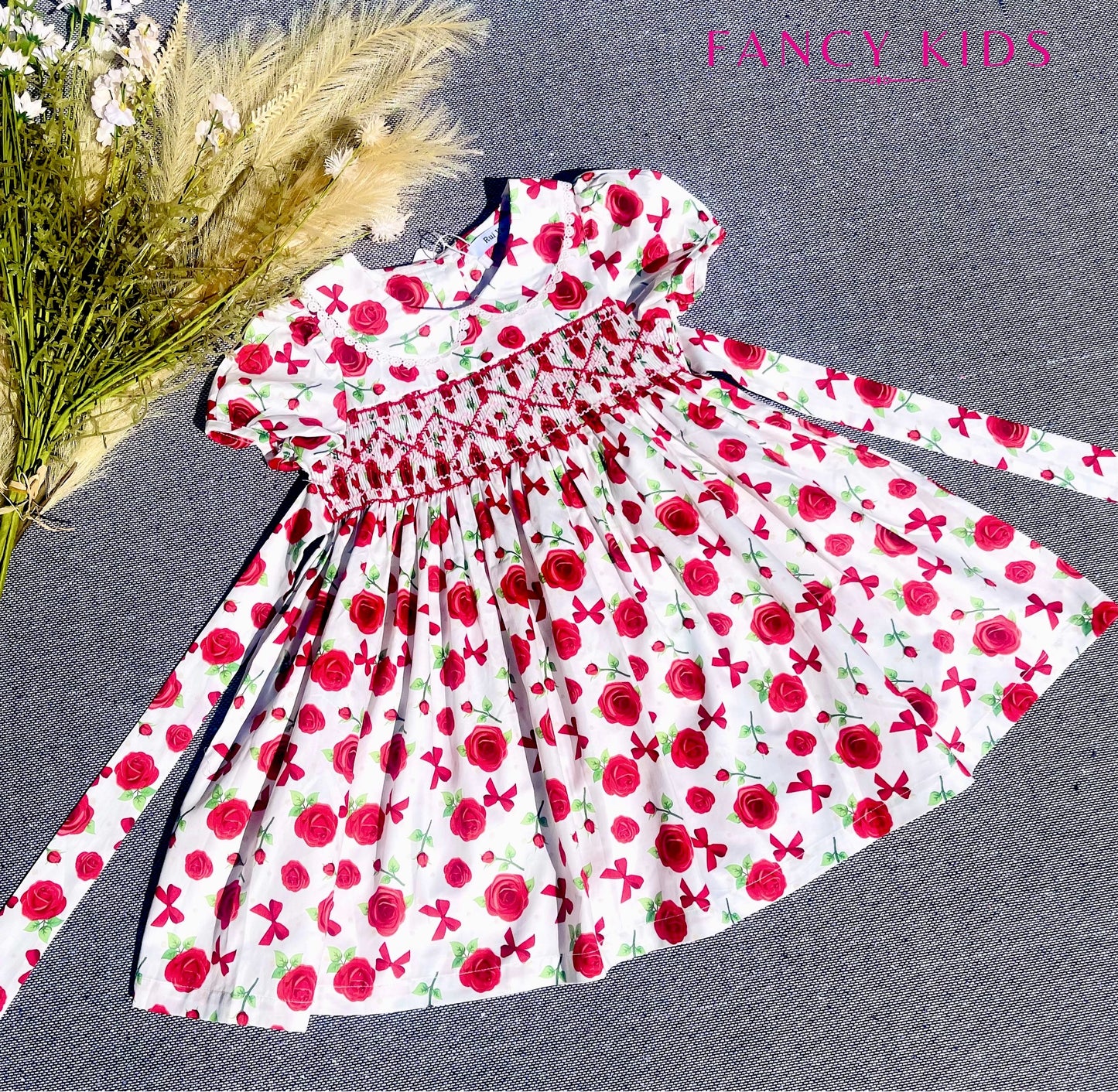 Red white green smocked floral cotton dress