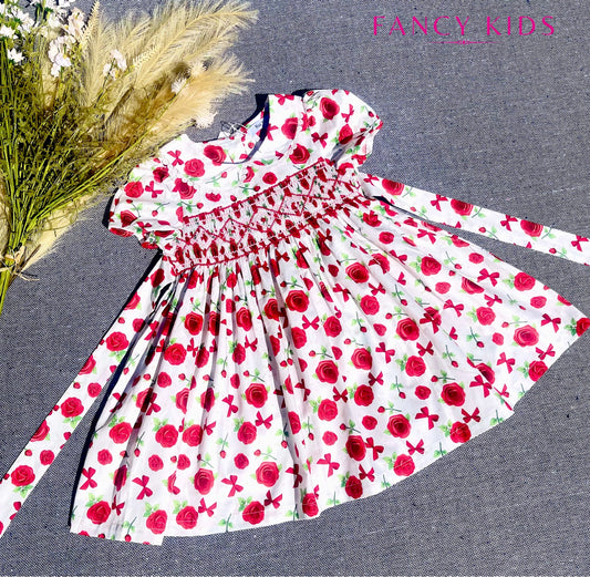 Red white green smocked floral cotton dress