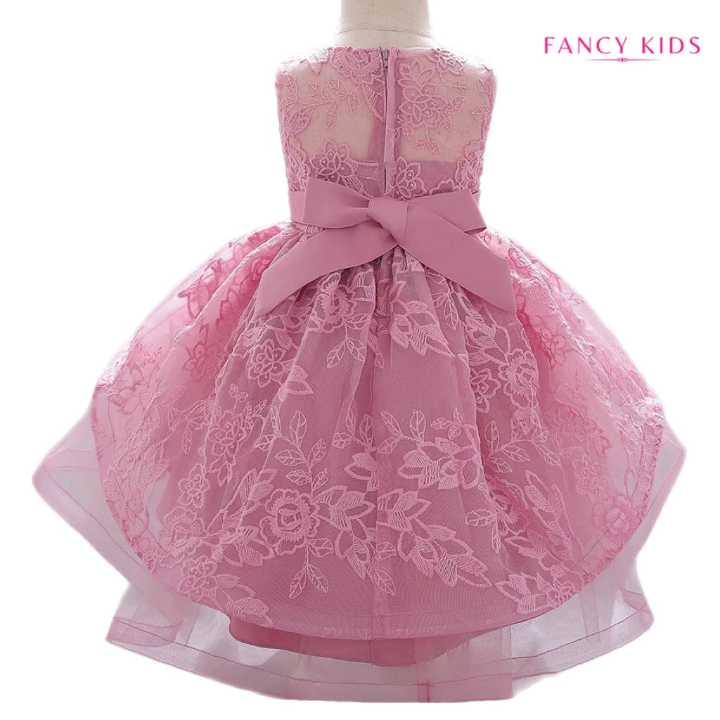 Dust pink long tail embroidered party dress