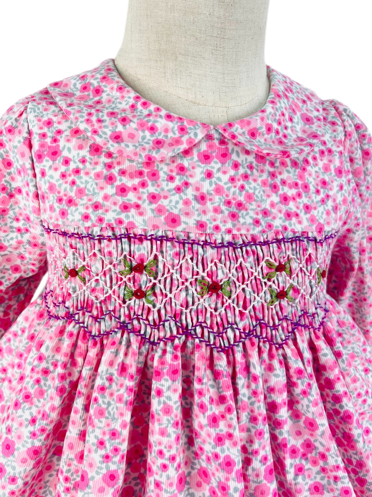 Anna hand smocked pink floral long sleeve winter dress