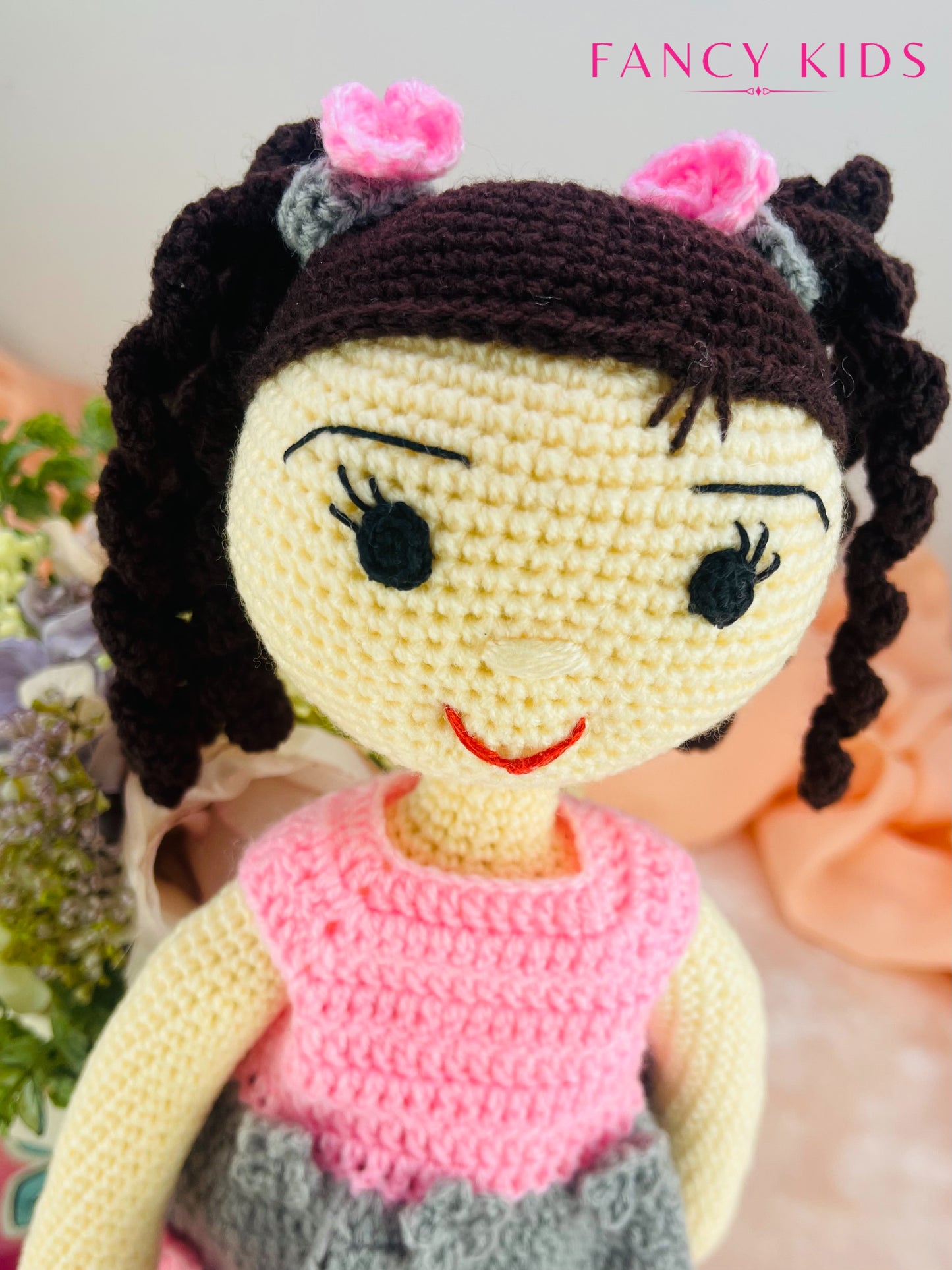 Fancy girl Olivia- Hand knitted stuffed doll