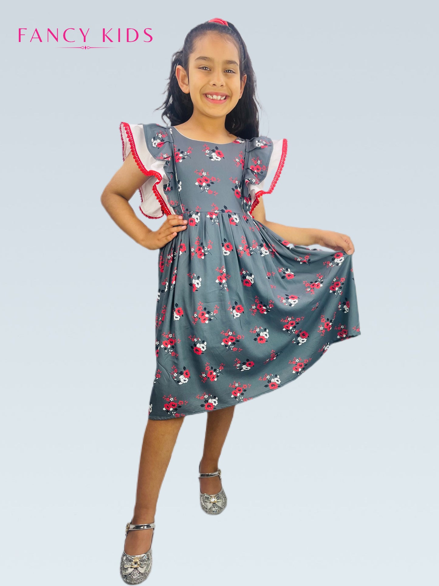 Cotton summer dresses- Grey colour floral-ruffle sleeves