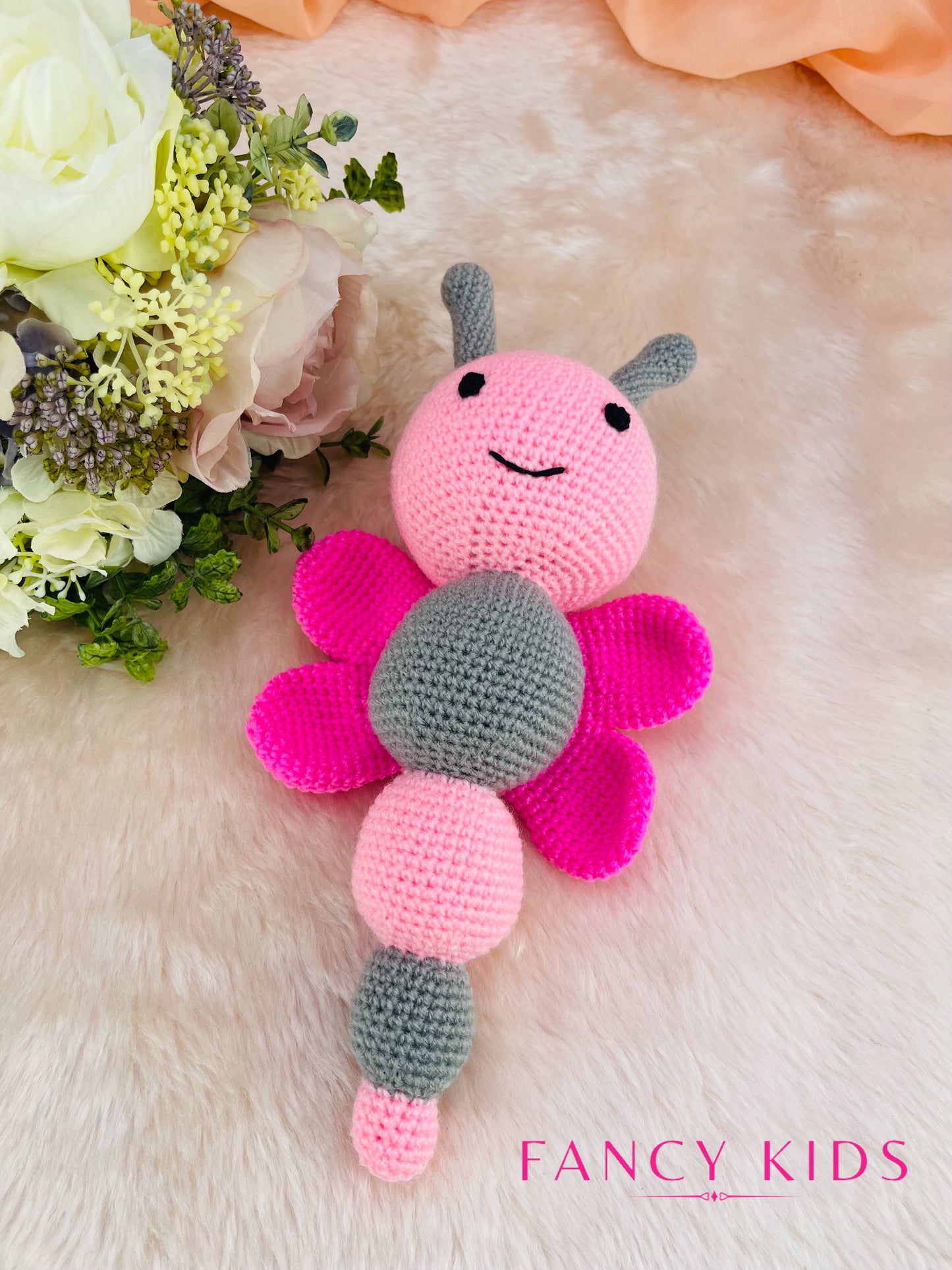 Pink butterfly- Hand knitted stuffed toy