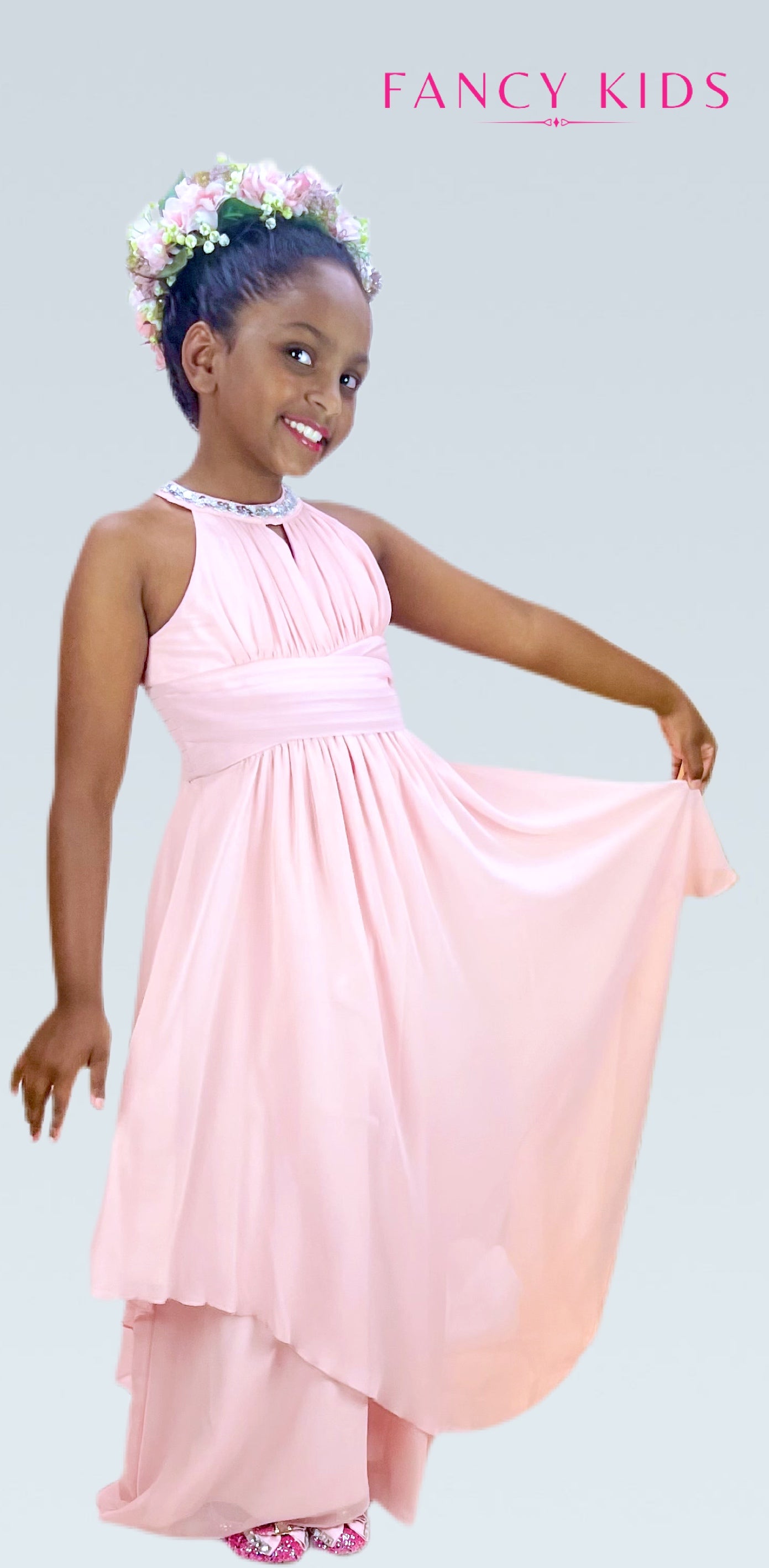Pink Flower girl dress-high neck- chiffon