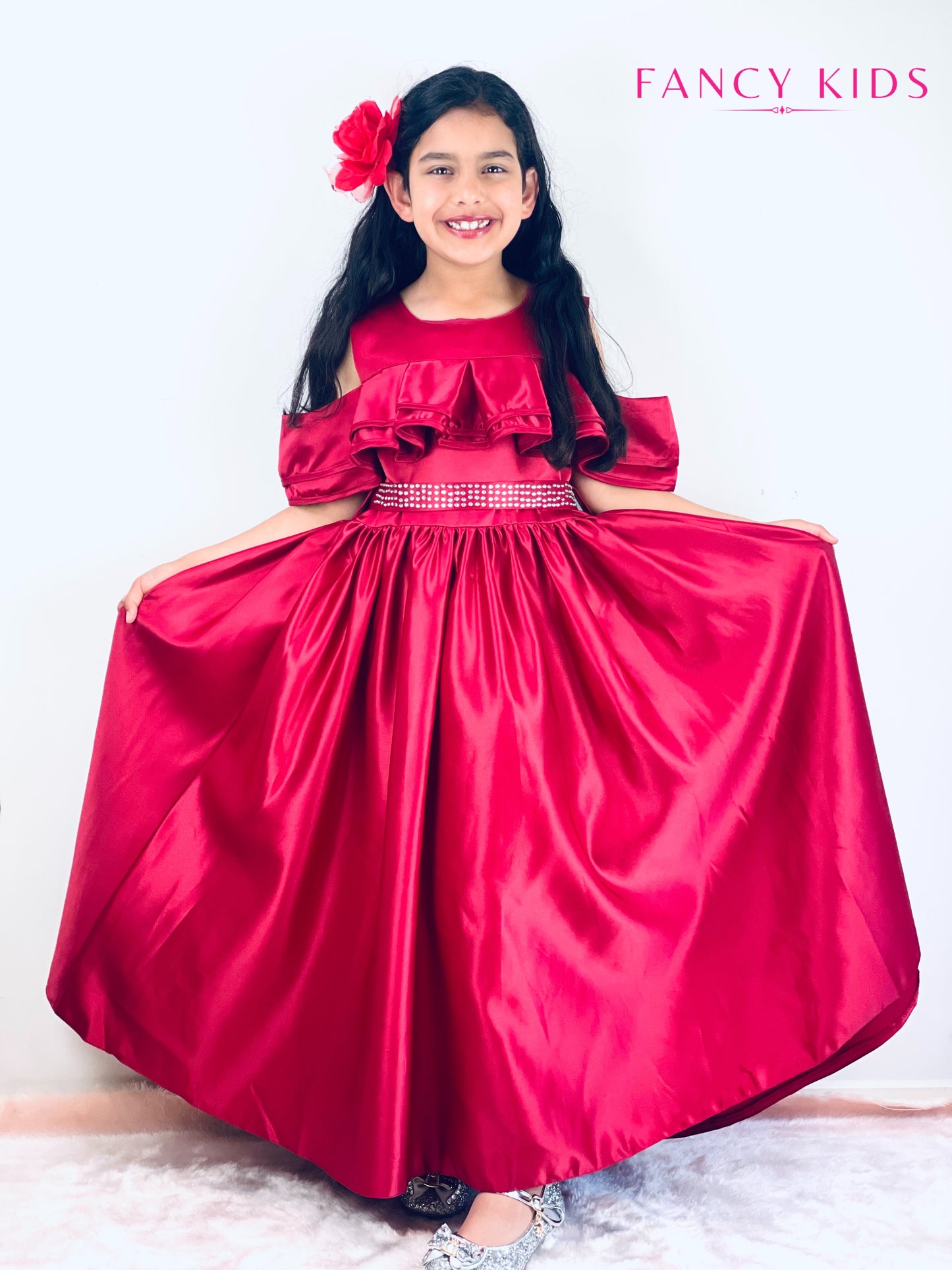 Burgundy colour off shoulder long dress