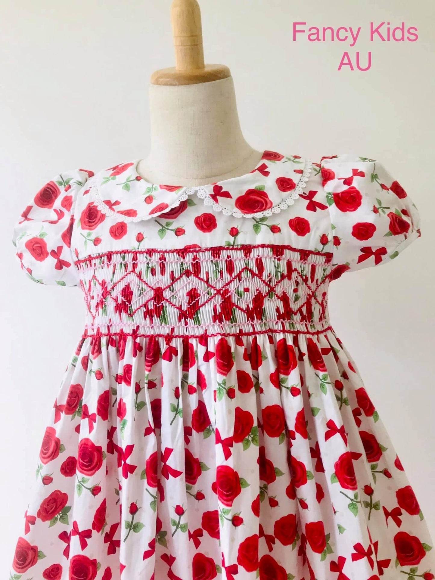 Red white green smocked floral cotton dress