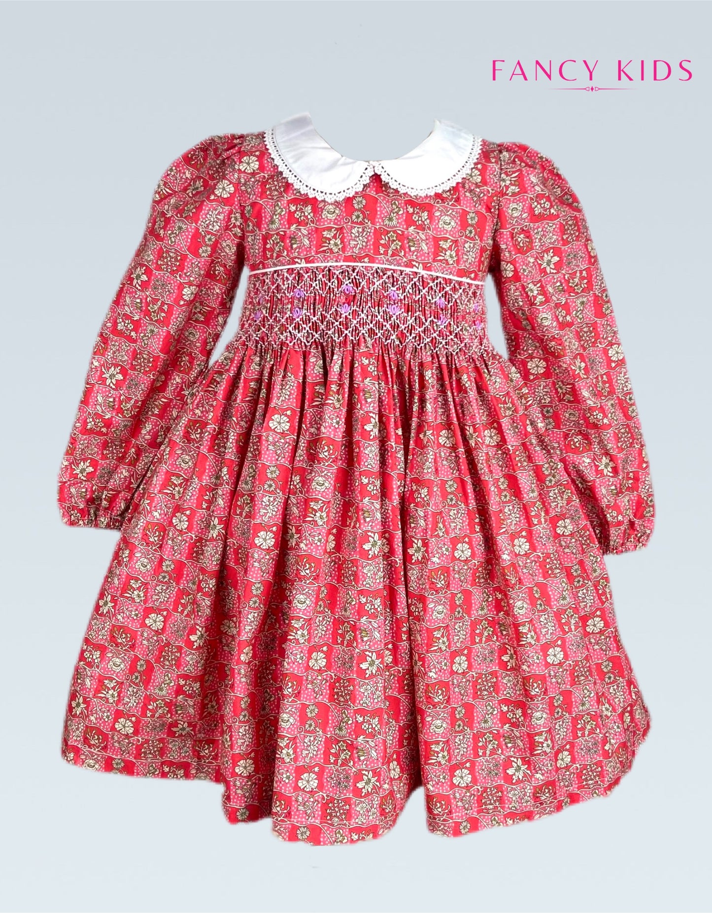 Audrey hand smocked long sleeve red floral dress