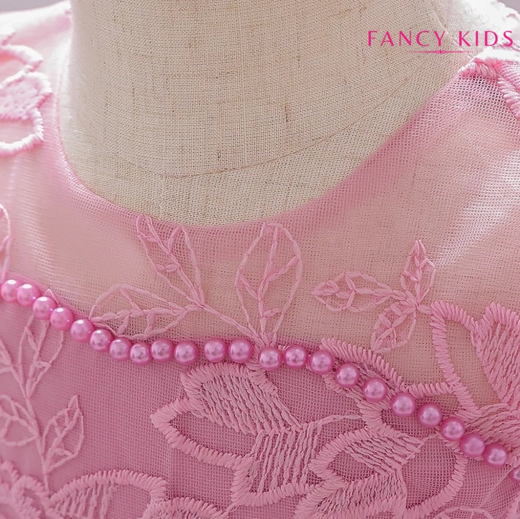 Dust pink long tail embroidered party dress