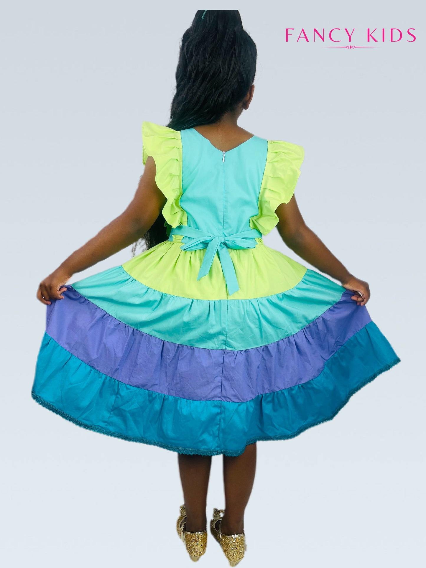 Cotton summer dress-green and purple-layered