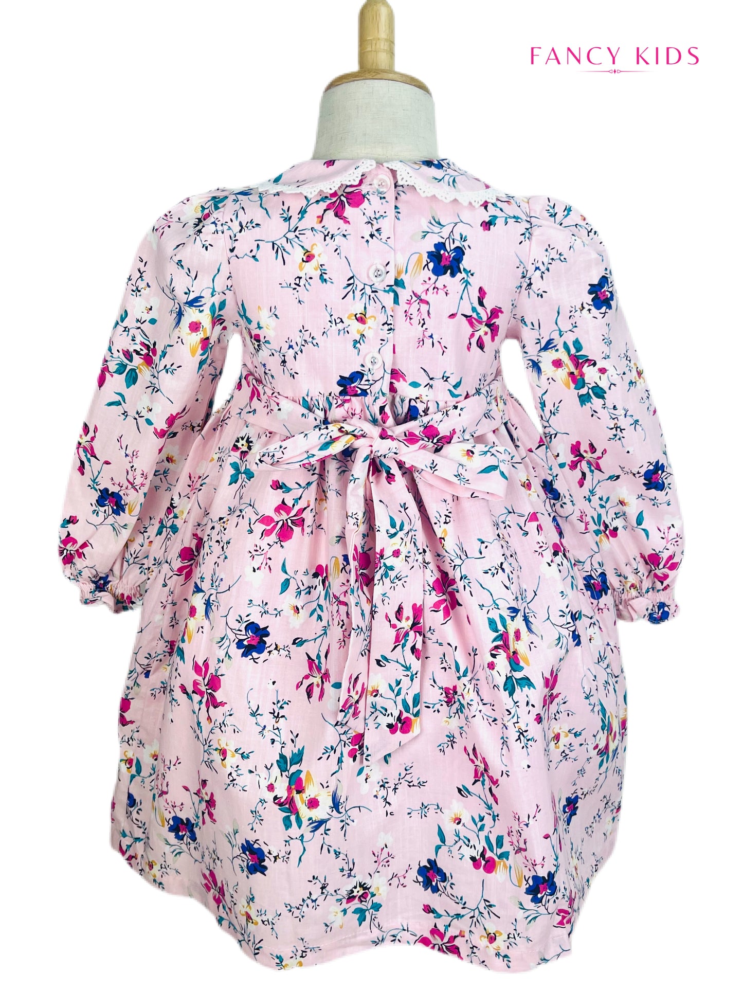 Hannah hand smocked long sleeve pink floral winter dress