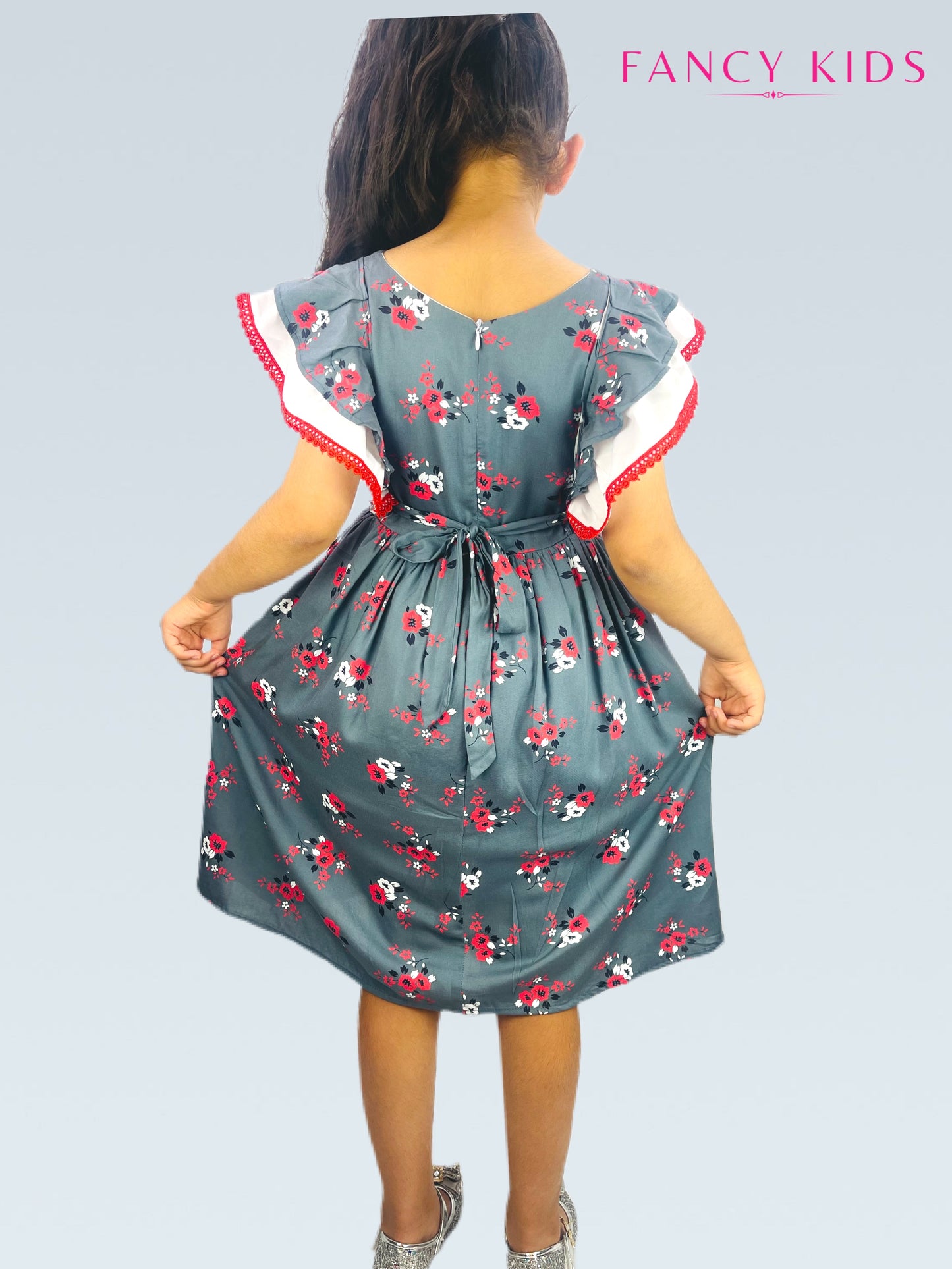 Cotton summer dresses- Grey colour floral-ruffle sleeves