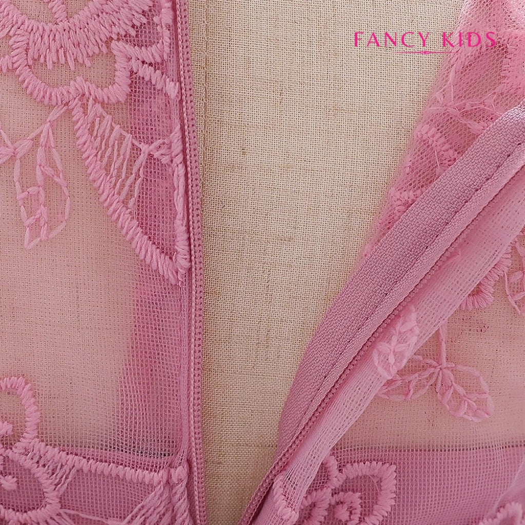 Dust pink long tail embroidered party dress