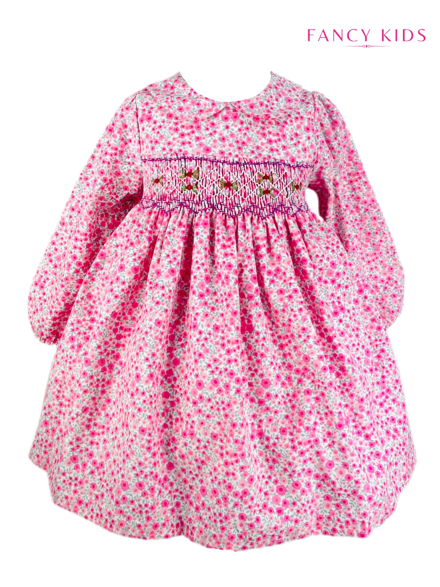 Anna hand smocked pink floral long sleeve winter dress