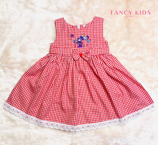 Red checked embroidered baby dress