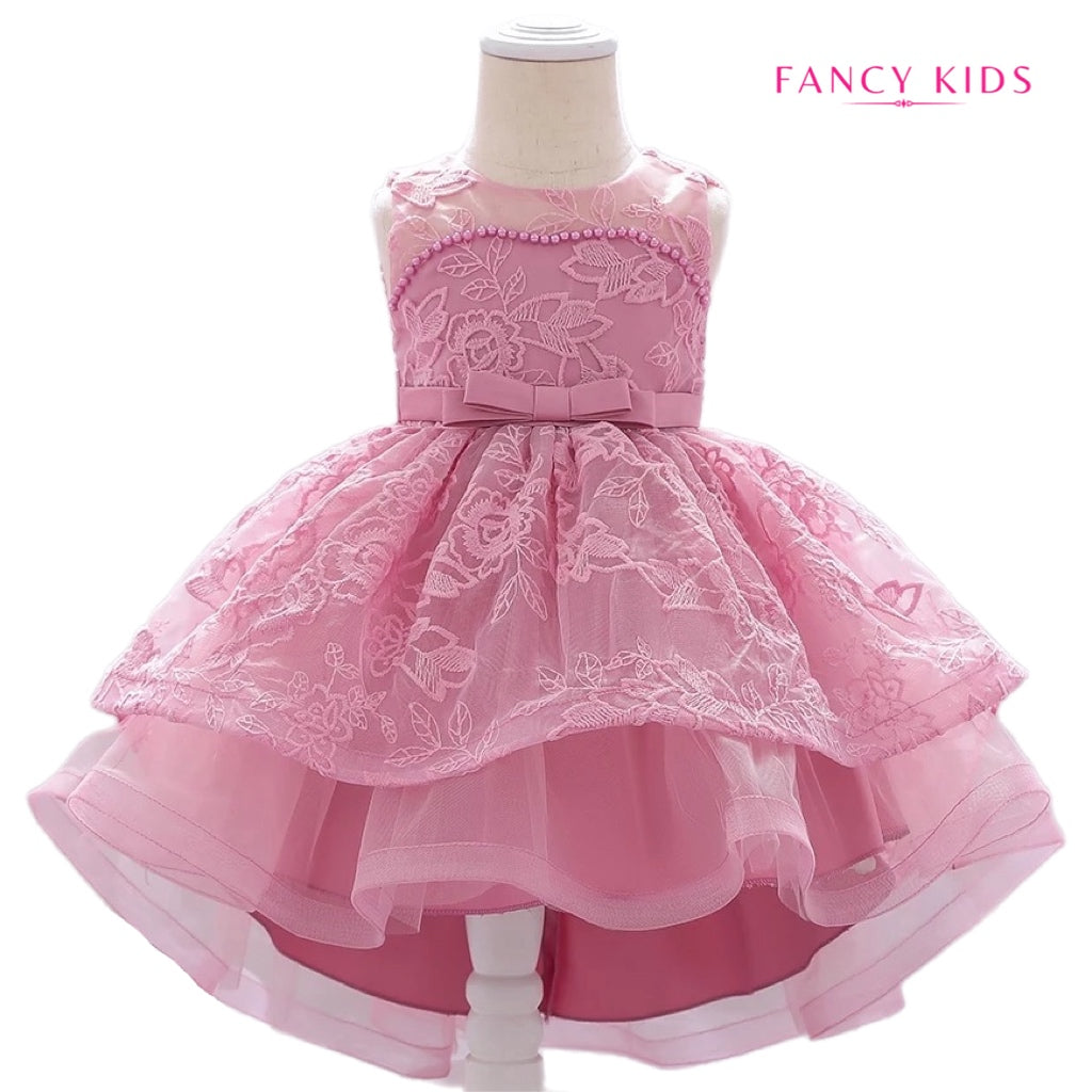 Dust pink long tail embroidered party dress