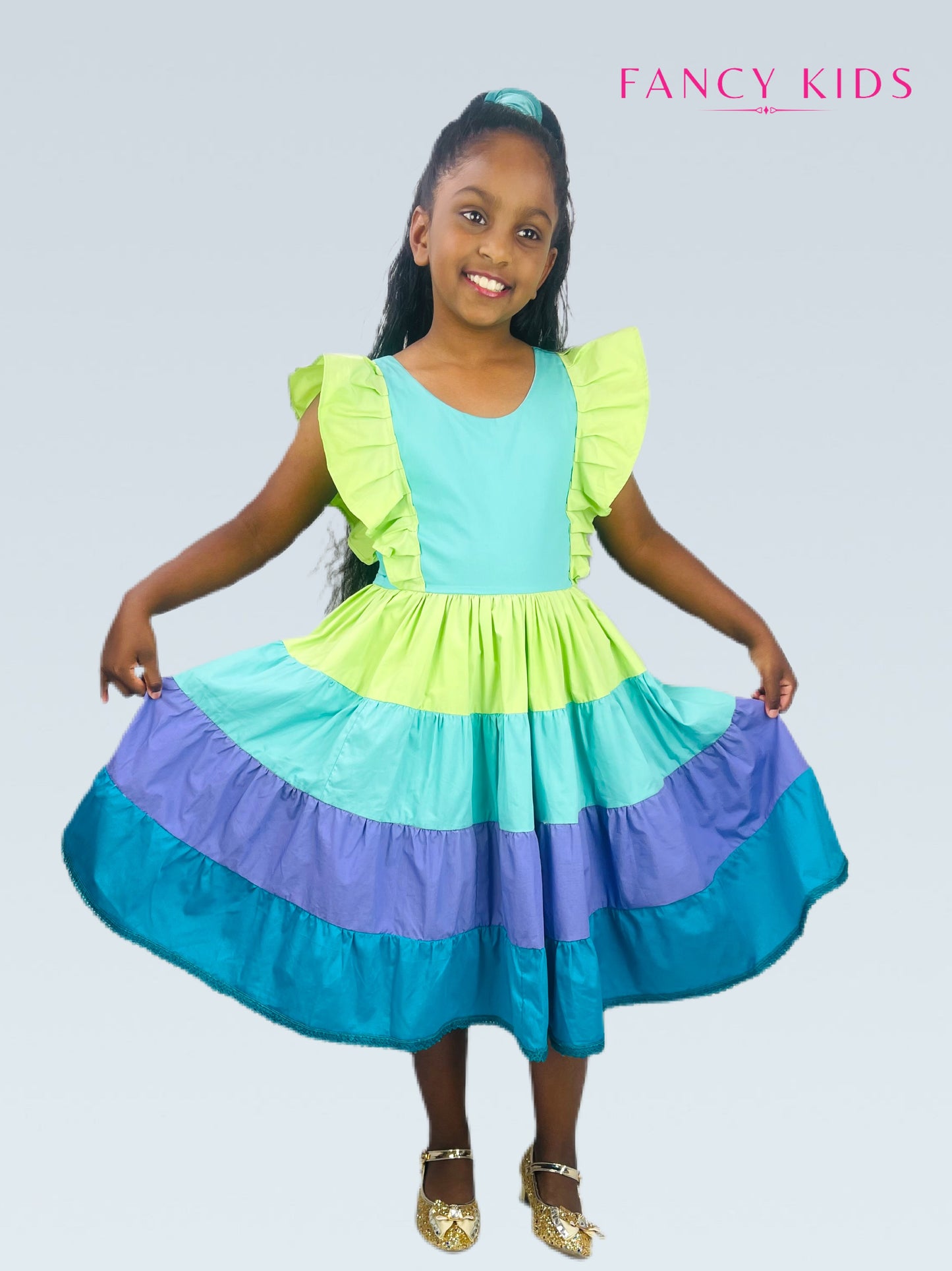 Cotton summer dress-green and purple-layered