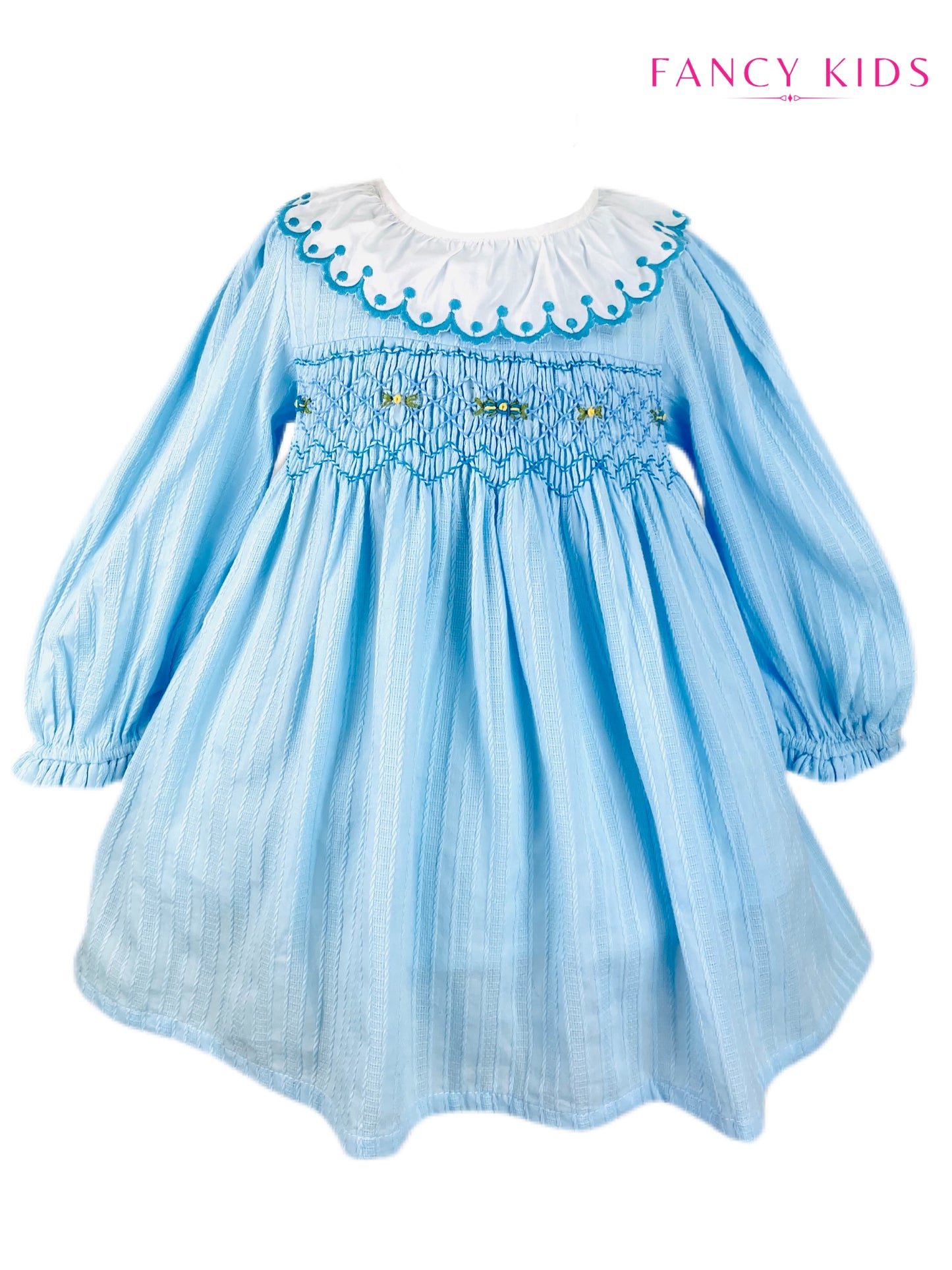 Arabella hand smocked Light blue long sleeve winter dress
