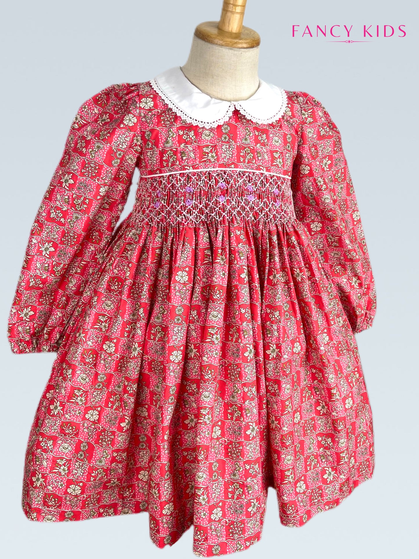 Audrey hand smocked long sleeve red floral dress