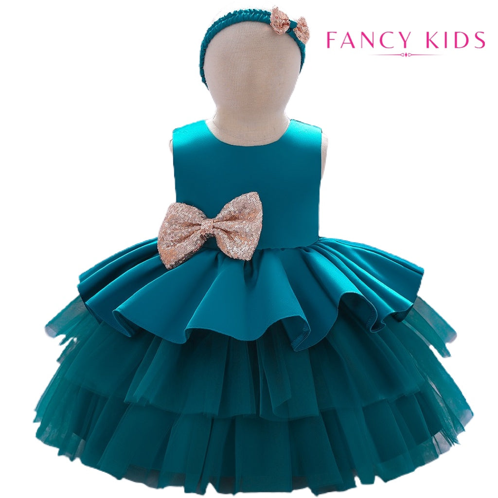 Green colour double bow tulle dress with headband