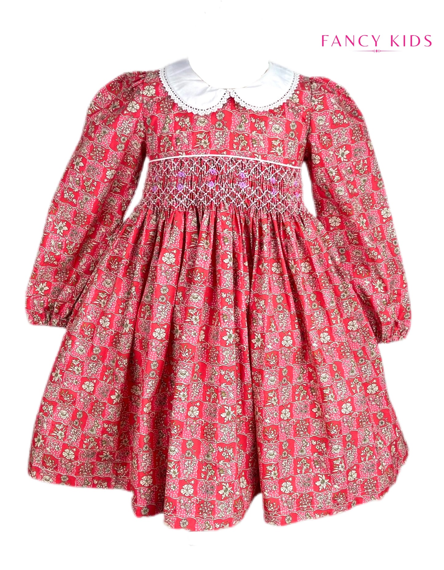 Audrey hand smocked long sleeve red floral dress