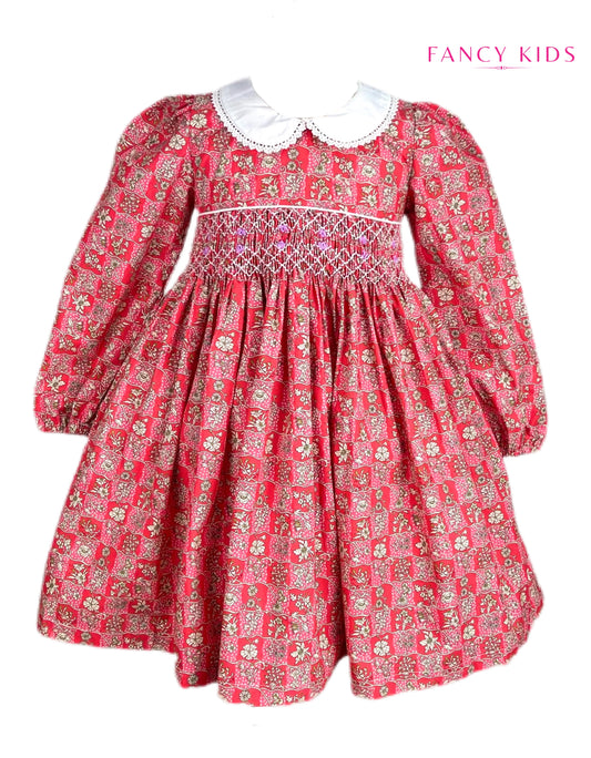 Audrey hand smocked long sleeve red floral dress