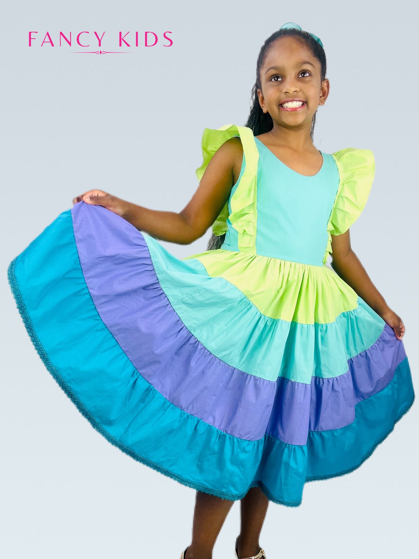 Cotton summer dress-green and purple-layered