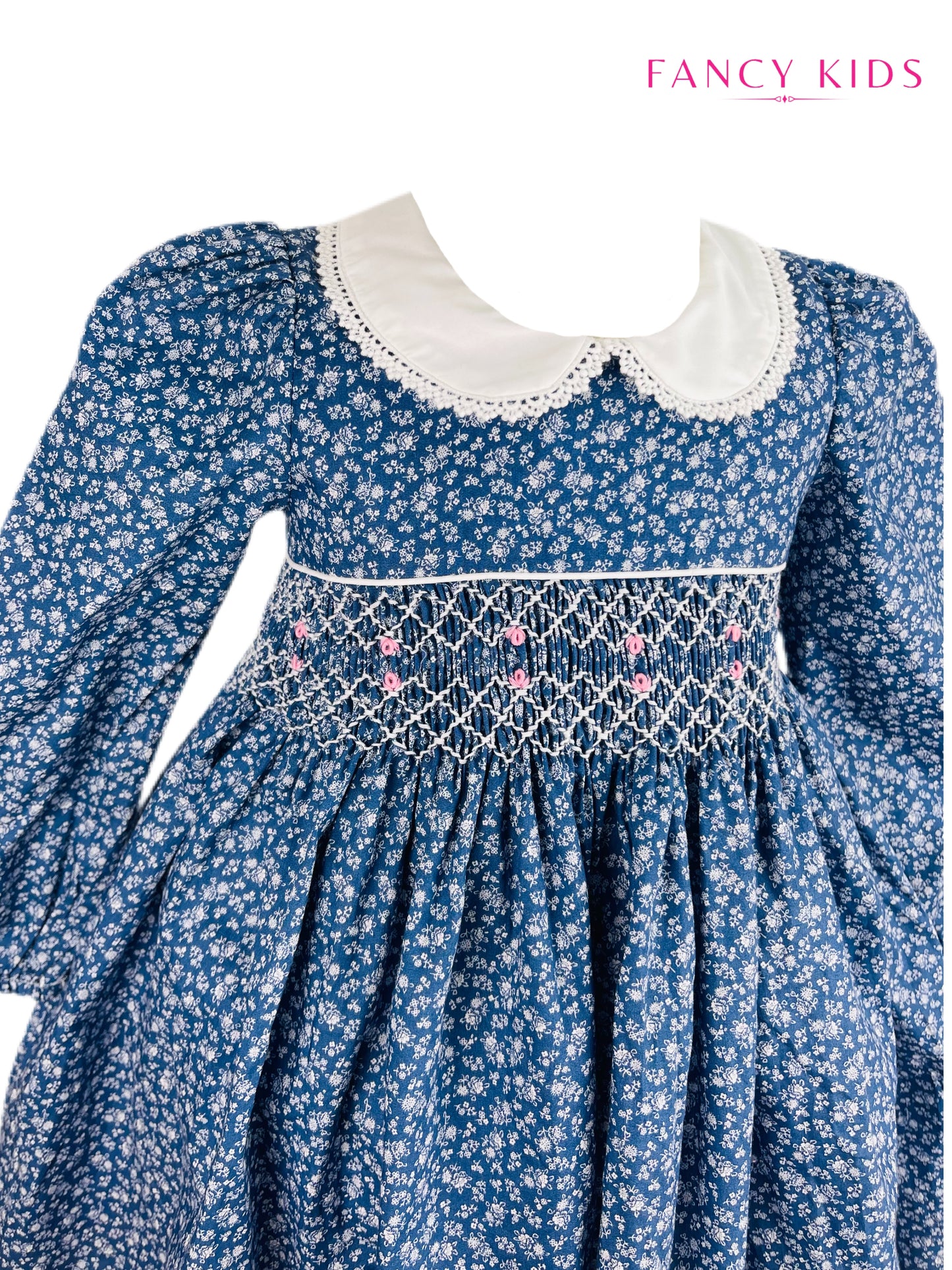 Maya hand smocked long sleeve blue floral winter dress