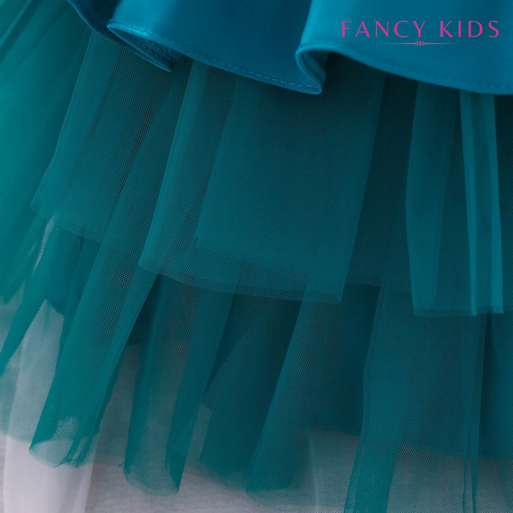 Green colour double bow tulle dress with headband