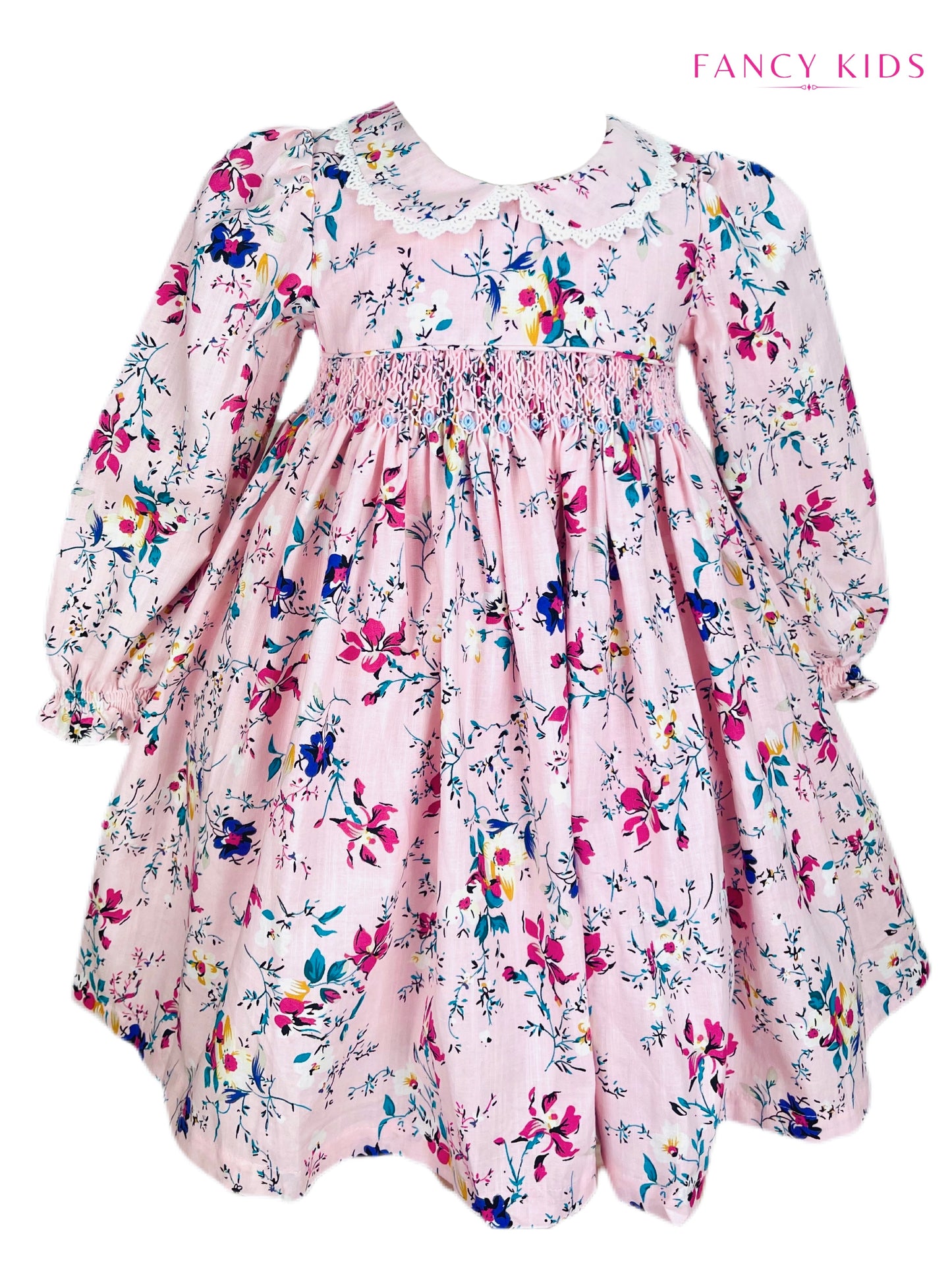 Hannah hand smocked long sleeve pink floral winter dress