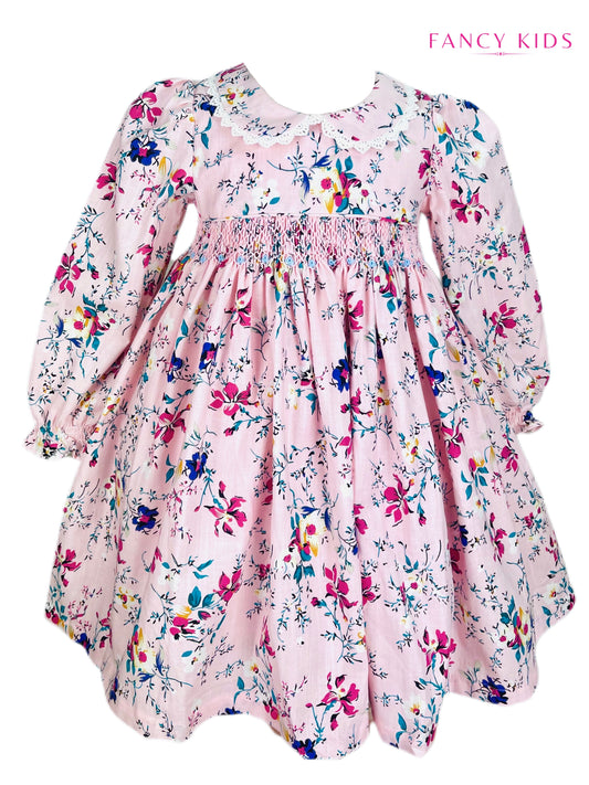 Hannah hand smocked long sleeve pink floral winter dress