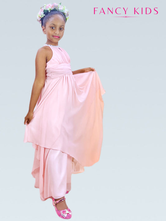 Pink Flower girl dress-high neck- chiffon